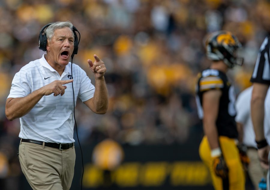 Iowa head coach Kirk Ferentz commands his team during a football game between No. 18 Iowa and No. 17 Indiana at Kinnick Stadium on Saturday, Sept. 4, 2021. The Hawkeyes defeated the Hoosiers 34-6. 