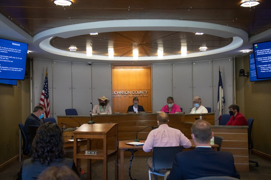 Pat Heiden calls the session to order during the Johnson County Board of Supervisors Work Session on Wednesday, Sept. 15, 2021. 