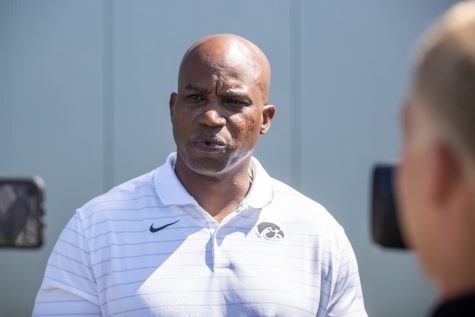 Iowa wide receivers coach Kelton Copeland waits for questions from the media during Iowa football media day at Iowa football’s practice field on Friday, Aug. 13, 2021. 