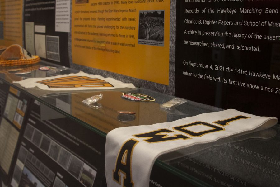 An exhibit in Voxman Music Building is put in place to celebrate over 140 years of University of Iowa Marching Band on Tuesday, Sept. 14, 2021. The exhibit contains materials that are historic to the Iowa Marching Band and can be seen on the first and second floor of the building.