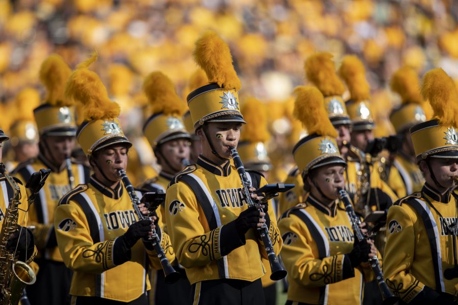 The+Iowa+marching+band+performs+during+halftime+of+a+football+game+between+Iowa+and+Kent+State+at+Kinnick+Stadium+on+Saturday%2C+Sept.+18%2C+2021.+The+Hawkeyes+defeated+the+Golden+Flashes+with+a+score+of+30-7.+%28Grace+Smith%2FThe+Daily+Iowan%29