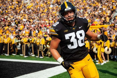 Iowa fullback Monte Pottebaum runs through the end zone after a kickoff during a football game between No. 18 Iowa and No. 17 Indiana at Kinnick Stadium on Saturday, Sept. 4, 2021. The Hawkeyes defeated the Hoosiers 34-6. 