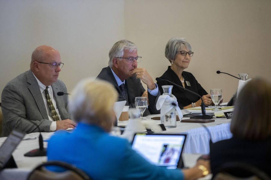 Board of Regents Office member Mark Braun, President Michael Richards, and President Pro Tem Sherry Bates listen to a speaker during the state of Iowa Board of Regents meeting in Reiman Ballroom at the Alumni Center in Ames, Iowa, on Thursday, Sept. 16, 2021. 
