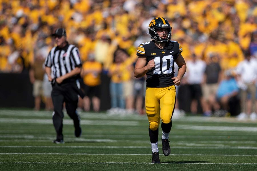 Caleb Shudak runs on to the field goal during a football game between Iowa and Kent State at Kinnick Stadium on Saturday, Sept. 18, 2021. The Hawkeyes defeated the Golden Flashes 30-7.