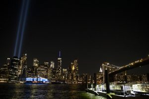 The New York City skyline and the 9/11 ‘Tribute in Light’ are seen at the Brooklyn Bridge Park on Saturday, Sept. 11, 2021, the 20th anniversary of the 9/11 attacks.