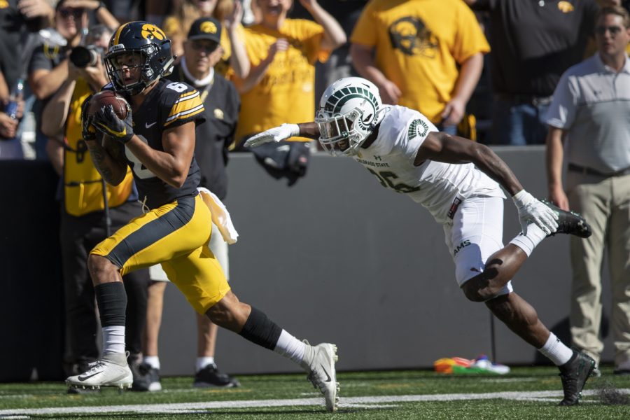 Iowa wide receiver Keagan Johnson hauls in a catch for a touchdown during a football game between Iowa and Colorado State at Kinnick Stadium on Saturday, Sept. 25, 2021. The Hawkeyes defeated the Rams 24-14. 