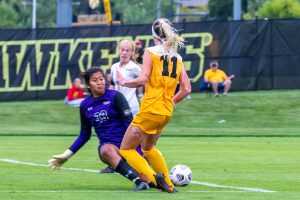Iowa forward Alyssa Walker attempts to score a goal during the Iowa Soccer game against Purdue-Fort Wayne on Sep. 2, 2021 at the Iowa Soccer Complex. Iowa defeated Purdue-Fort Wayne 5-0. 