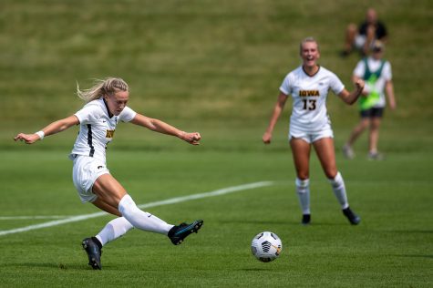 Iowa midfielder Hailey Rydberg scores a goal during a soccer game between Iowa and South Dakota on Aug. 7, 2021, at the Iowa Soccer Complex. The Hawkeyes defeated the Coyotes 3-0. 