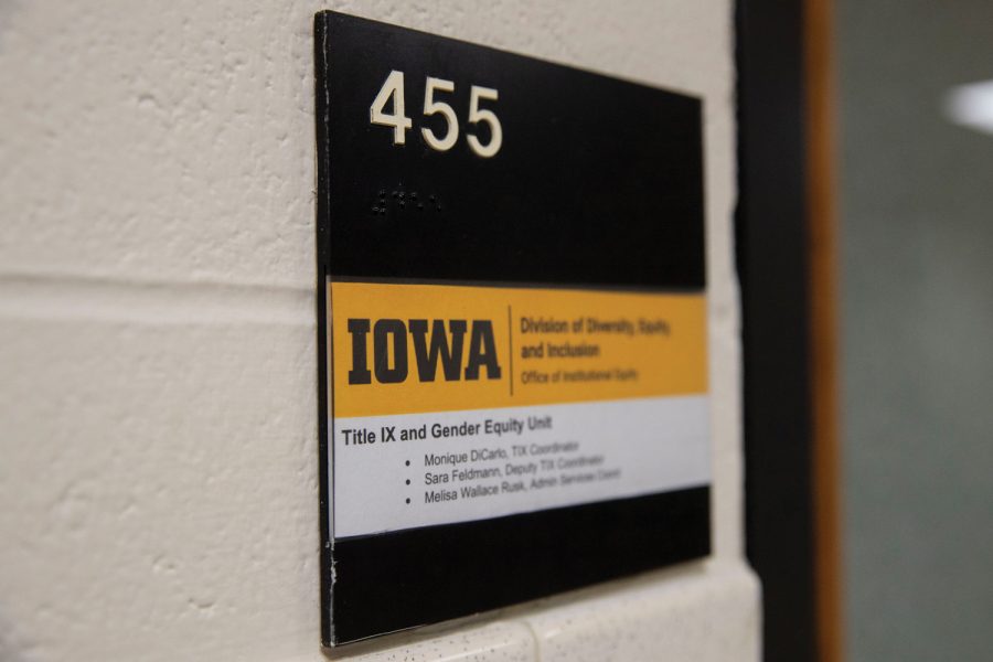 The Title IX and Gender Equity office is seen in Van Allen Hall at the University of Iowa on Sunday, Sept. 19, 2021.
