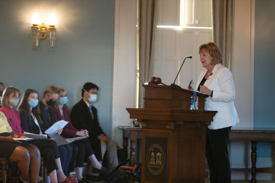 University of Iowa President Barbara Wilson addresses those present during a joint meeting between the University of Iowa Undergraduate Student Government and Graduate and Professional Student Government on Tuesday, Sept. 28, 2021. The meeting passed legislature on both the instating of Juneteenth as a University Holiday and the creation of a vaccination requirement in University of Iowa Buildings. (Cecilia Shearon/The Daily Iowan)