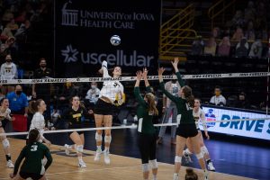 Iowa outside hitter, Courtney Buzzerio, prepares to spike the ball during the volleyball match between Iowa and Michigan State on Friday, March 26 at Carver-Hawkeye Arena. The Spartans beat the Hawkeyes 3-1. 
