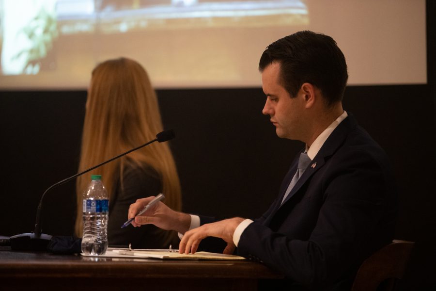 Iowa state Senator Zach Wahls takes notes during a discussion series on Free Speech and Social Media hosted by the state Board of Regents, the University of Iowa Public Policy Center, and the UI College of Law on Tuesday, Sept. 21, 2021. 