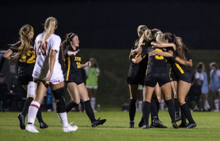 Iowa celebrates the first goal of the game scored by midfielder Hailey Rydberg during a soccer game between Iowa and Maryland at the UI Soccer Complex on Sept. 30, 2021. The Hawkeyes defeated the Terrapins 2-1.
