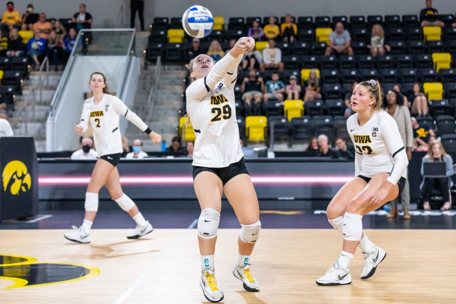 Iowa setter Bailey Ortega bumps the ball during the volleyball game between Iowa and Purdue at Xtream Arena on Saturday, Oct. 9, 2021. Purdue defeated Iowa 3-0. 