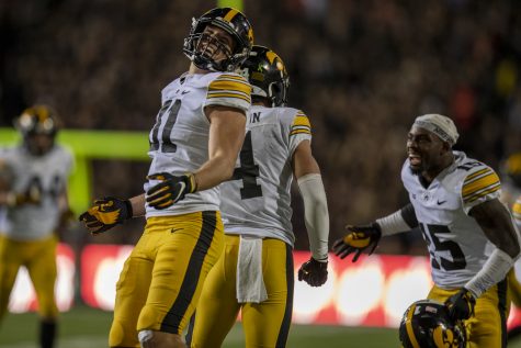 Iowa linebacker Jack Campbell celebrates after a play during a football game between Iowa and Maryland at Maryland Stadium on Friday, Oct. 1, 2021. 