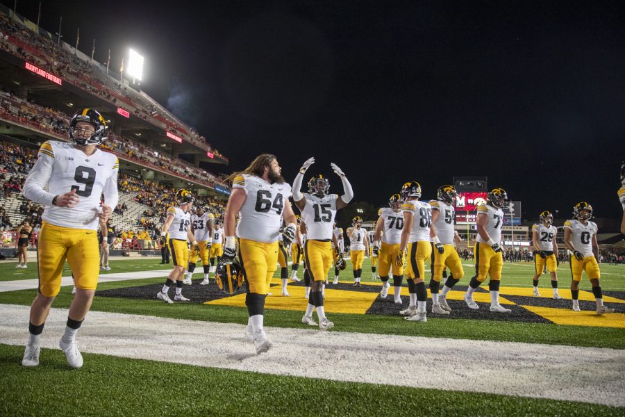 Iowa players begin to warmup during a football game between Iowa and Maryland at Maryland Stadium on Friday, Oct. 1, 2021.The Hawkeyes defeated the Terrapins 51-14. (Jerod Ringwald/The Daily Iowan)