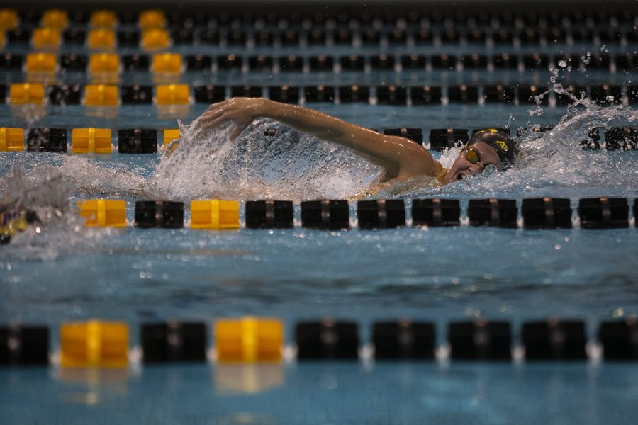 Iowa’s Kennedy Gilbertson competes in the 200 yard freestyle during a swim meet against the University of Northern Iowa at the Campus Recreation and Wellness Center on Friday, Oct. 1, 2021. Gilbertson won the event with a time of 1:53.92. The Panthers defeated the Hawkeyes, 159-133.