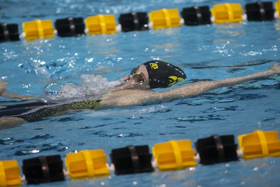 Iowa’s Georgia Clark competes in the 200 backstroke during a swim meet against the University of Northern Iowa at the Campus Recreation and Wellness Center on Friday, Oct. 1, 2021. Clark finished second with a time of 2:10.78. The Panthers defeated the Hawkeyes 159-133.