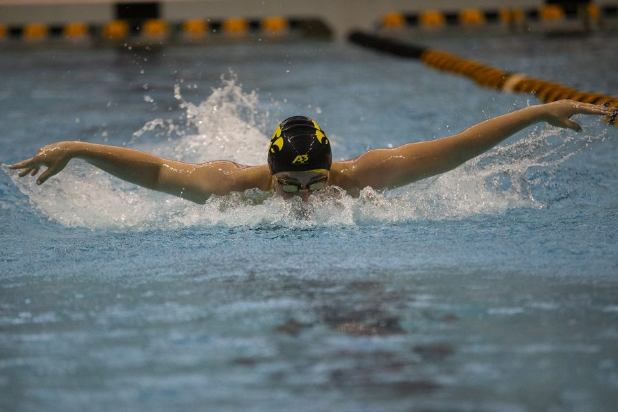 Iowa’s Georgia Clark competes in the 200 yard butterfly during a meet against the University of Northern Iowa at the Campus Recreation and Wellness Center on Friday, Oct. 1, 2021. Clark finished third with a time of 2:16.28. The Panthers defeated the Hawkeyes 159-133.