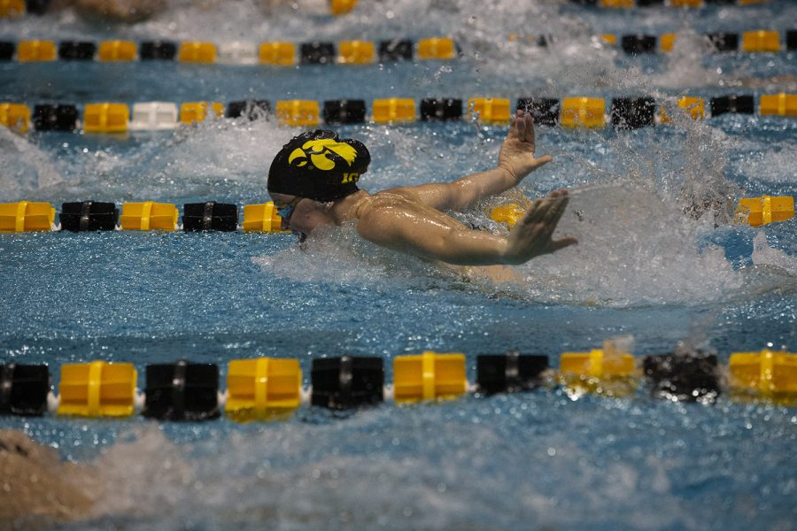 Iowan’s Ariel Wooden competes in the 100 yard butterfly during a meet against the University of Northern Iowa at the Campus Recreation and Wellness Center on Friday, Oct. 1, 2021. Wooden finished fourth with a time of 1:02.67. The Panthers defeated the Hawkeyes 159-133.