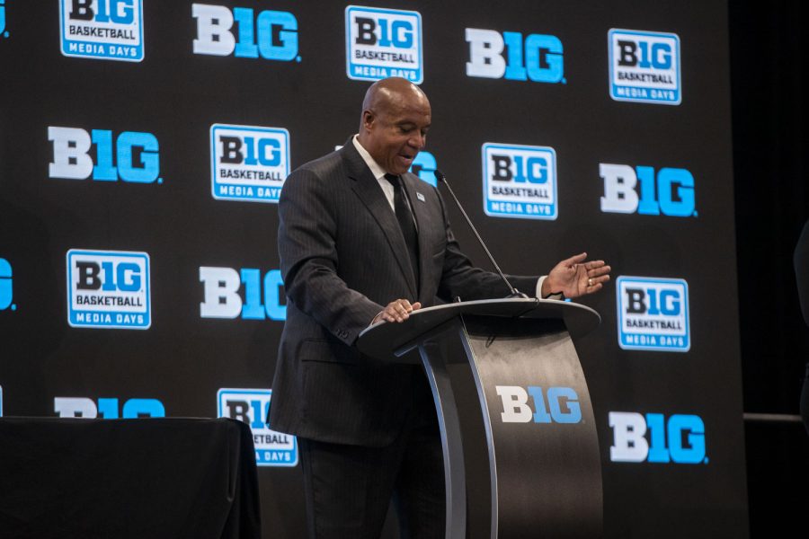 Big+Ten+Conference+Commissioner+Kevin+Warren+speaks+at+the+beginning+of+Big+Ten+Basketball+Media+Days+at+Gainbridge+Fieldhouse+in+Indianapolis%2C+Indiana+on+Thursday%2C+Oct.+7%2C+2021.+During+his+speech%2C+Warren+addressed+women+and+men%E2%80%99s+sports+and+his+goal+to+continue+to+work+toward+equality.+