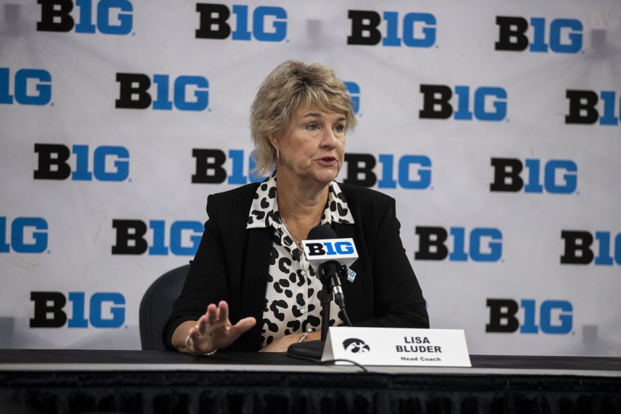 Iowa women’s head basketball coach Lisa Bluder talks about Iowa defense during Big Ten Basketball Media Days at Gainbridge Fieldhouse in Indianapolis, Indiana on Thursday, Oct. 7, 2021. “Defensively, I think we look much better but I guess the proof is in the pudding when we see it on the court.” Bluder mentioned the team changing certain aspects of their defense to give the girls more confidence. (Grace Smith/The Daily Iowan)