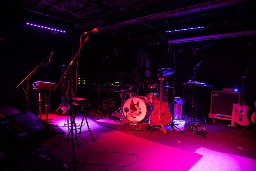 An empty stage is seen prior to a Hobo Johnson concert at Gabe’s in Iowa City on Thursday, Oct. 14, 2021. Hobo Johnson has been touring their newest record, “Hobo Johnson Alienates His Fanbase,” which was released on Aug. 1, 2021. 