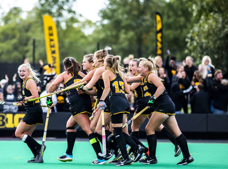 Iowa celebrates their first goal during the fourth quarter during a field hockey game between No.1 Iowa and No. 2 Michigan on Friday, Oct. 15, 2021, at Grant Field. The Hawkeyes defeated the Wolverines 2-1 in double overtime and a shootout.