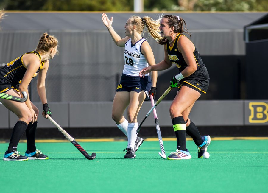 Michigan forward/midfielder Sarah Pyrtek look for a call during a field hockey game between No.1 Iowa and No. 2 Michigan on Friday, Oct. 15, 2021, at Grant Field. The Hawkeyes defeated the Wolverines 2-1 in double overtime and a shootout.