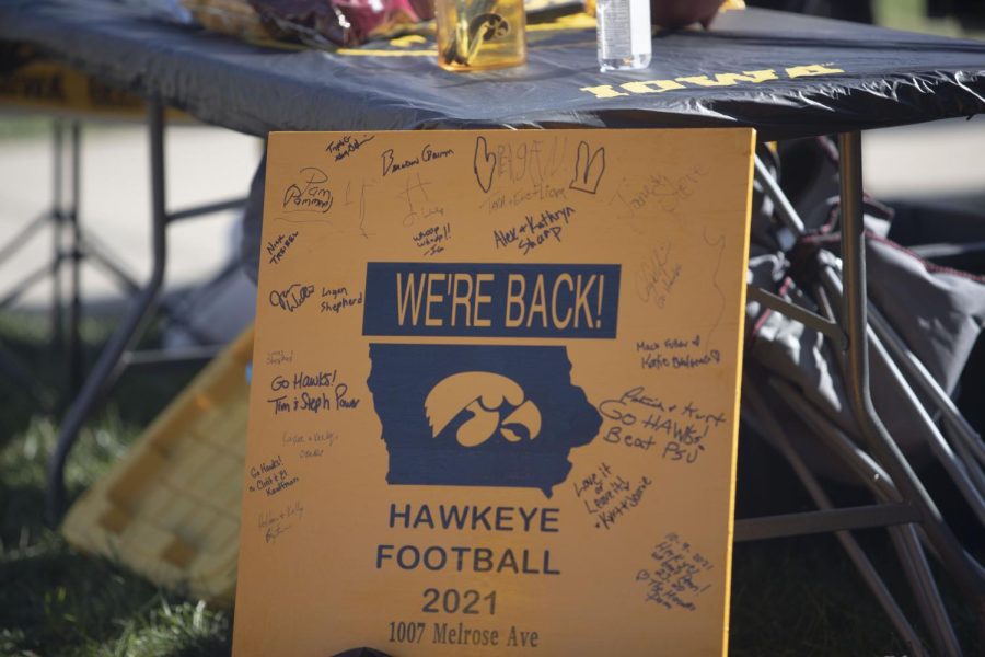 Tailgaters get ready for the University of Iowa’s homecoming game against Purdue on Saturday, Oct. 16, 2021. 