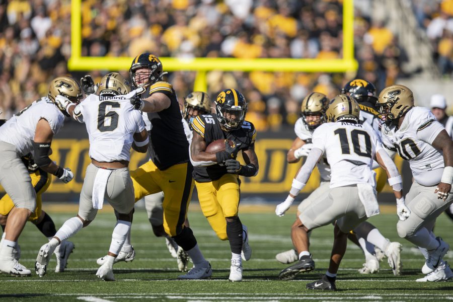 Iowa running back Tyler Goodson finds room to run during a football game between Iowa and Purdue at Kinnick Stadium on Saturday, Oct. 16, 2021. (Jerod Ringwald/The Daily Iowan)