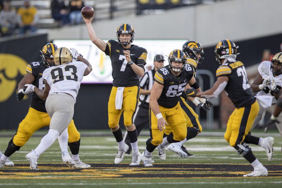 Iowa+quarterback+Spencer+Petras+winds+up+to+pass+during+a+football+game+between+No.+2+Iowa+and+Purdue+at+Kinnick+Stadium+on+Saturday%2C+Oct.+16%2C+2021.+The+Boilermakers+defeated+the+Hawkeyes+24-7.+%28Jerod+Ringwald%2FThe+Daily+Iowan%29