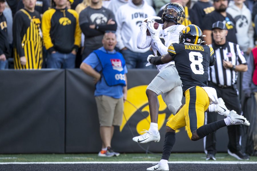 Purdue wide receiver David Bell catches a touchdown pass during a football game between No. 2 Iowa and Purdue at Kinnick Stadium on Saturday, Oct. 16, 2021. The Boilermakers defeated the Hawkeyes 24-7. Bell averaged 21.8 yards per reception. 