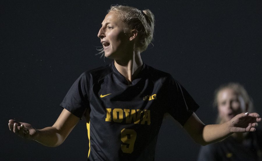 University of Iowa defender Samatha Cary argues with the referee on a foul called against her during a soccer game between Iowa and Minnesota at the UI Soccer Complex on Thursday Oct. 21, 2021. The Hawkeyes defeated the Gophers 1-0.