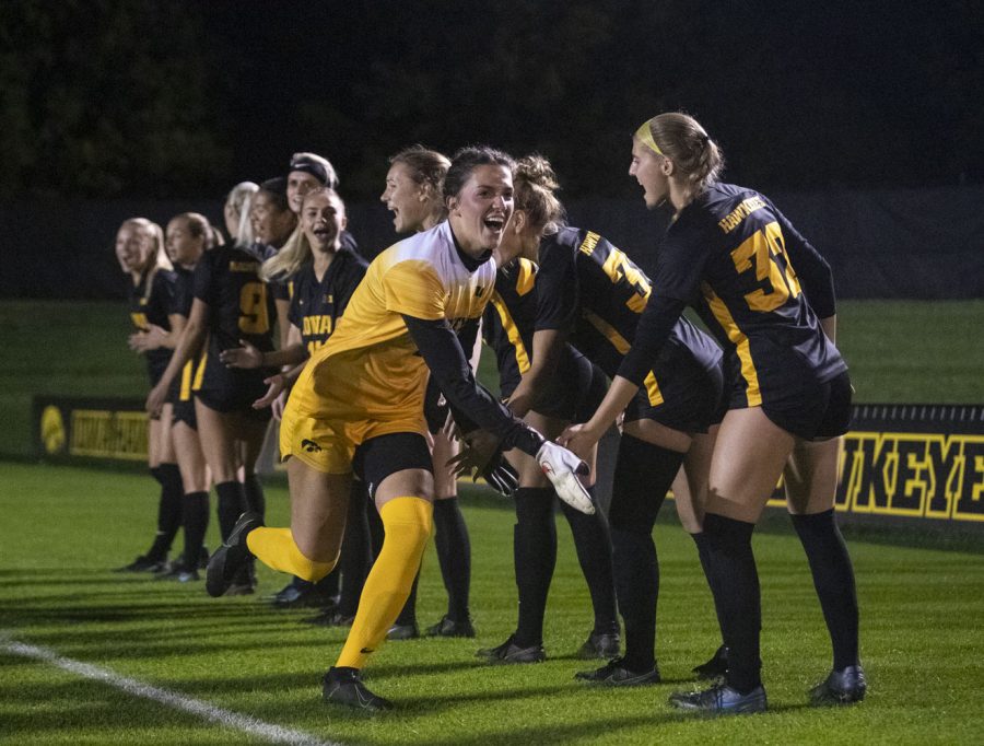 University of Iowa goalkeeper Macy Enneking gets announced in the starting lineup during a soccer game between Iowa and Minnesota at the UI Soccer Complex on Thursday Oct. 21, 2021. The Hawkeyes defeated the Gophers 1-0. 