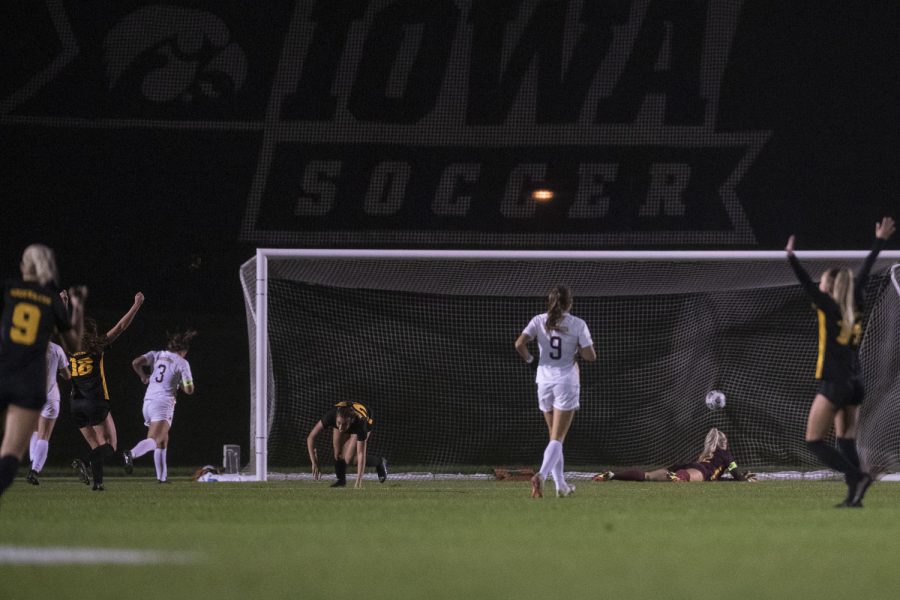 University of Iowa forward Kenzie Roling scores a goal against the University of Minnesota during a soccer game between Iowa and Minnesota at the UI Soccer Complex on Thursday Oct. 21, 2021. The Hawkeyes defeated the Gophers 1-0. 