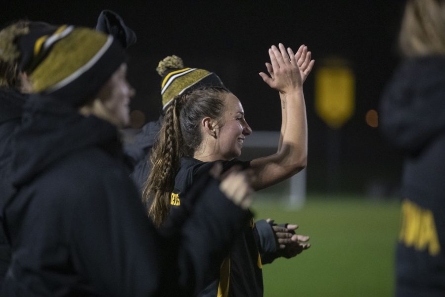 University of Iowa celebrates their win during a soccer game between Iowa and Minnesota at the UI Soccer Complex on Thursday Oct. 21, 2021. The Hawkeyes defeated the Gophers 1-0. 
