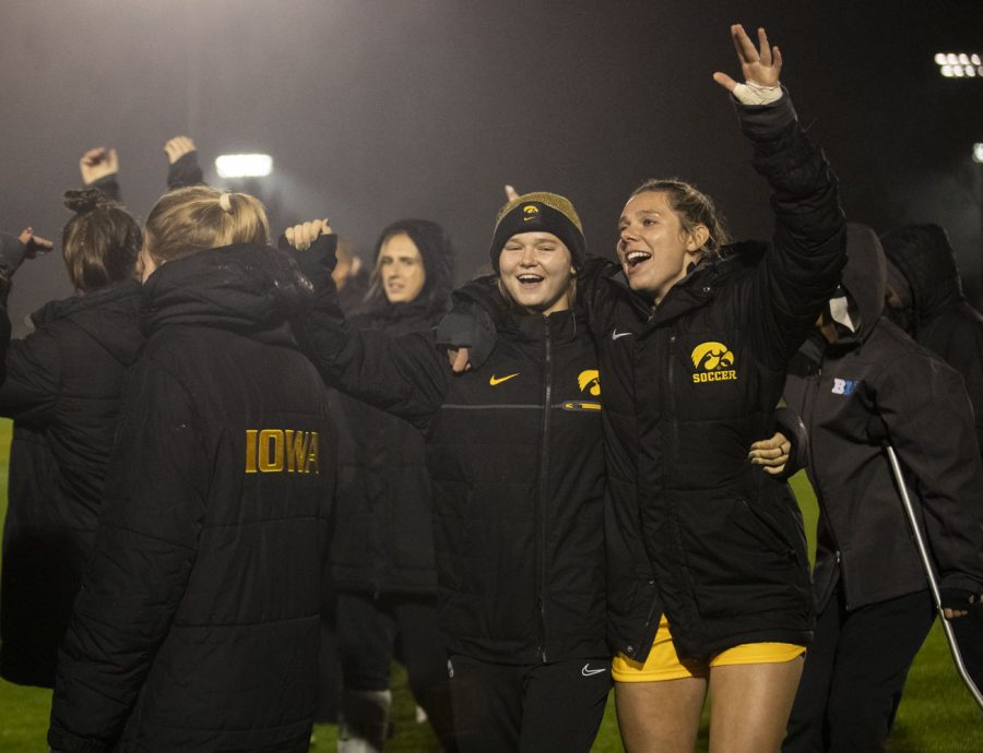 University of Iowa celebrates their win during a soccer game between Iowa and Minnesota at the UI Soccer Complex on Thursday Oct. 21, 2021. The Hawkeyes defeated the Gophers 1-0.