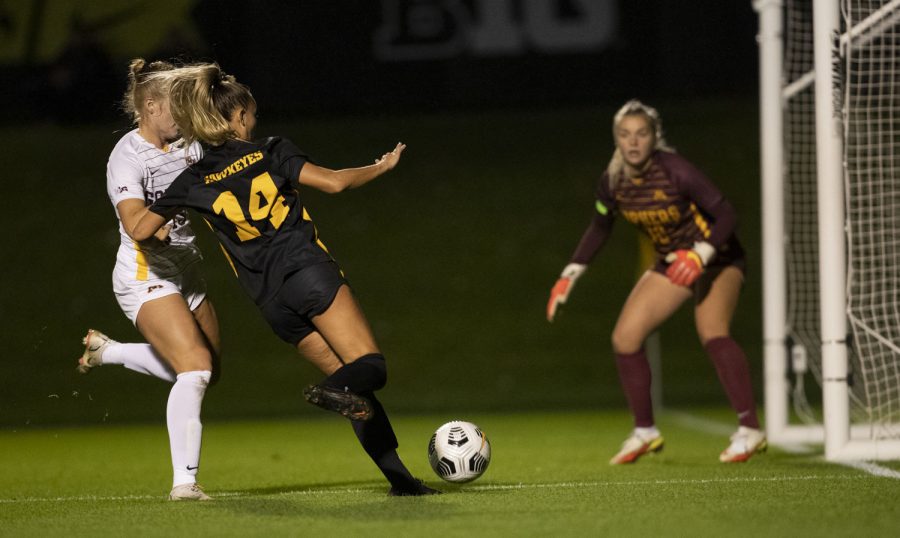 University of Iowa forward Meike Ingles looks for a shot attempt during a soccer game between Iowa and Minnesota at the UI Soccer Complex on Thursday Oct. 21, 2021. The Hawkeyes defeated the Gophers 1-0. 