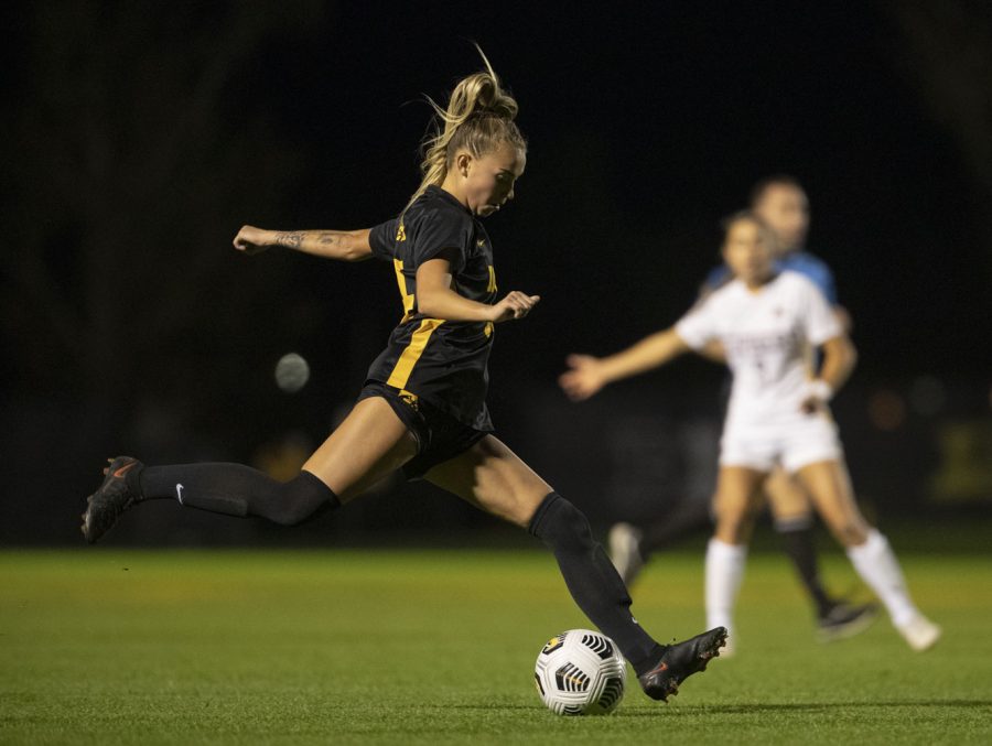 University of Iowa forward Meike Ingles passes the ball to her teammates during a soccer game between Iowa and Minnesota at the UI Soccer Complex on Thursday Oct. 21, 2021. The Hawkeyes defeated the Gophers 1-0. 