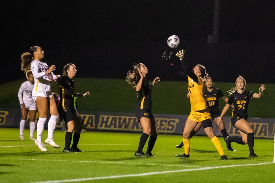 Iowa goalie Macy Enneking catches the ball during a soccer game between Iowa and Minnesota at the UI Soccer Complex in Iowa CIty on Thursday, Oct. 21, 2021.The Hawkeyes defeated the Gophers 1-0. 
