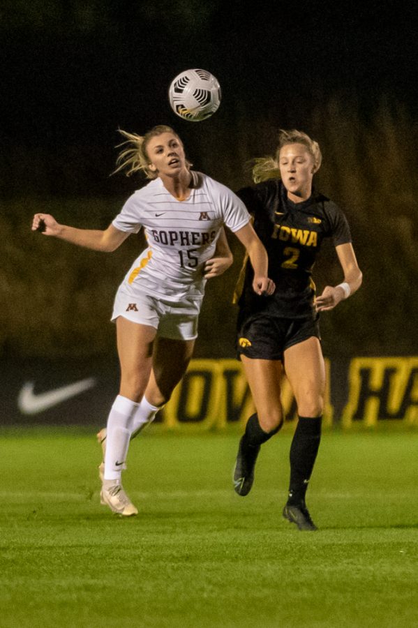 Minnesota forward McKenna Buisman heads the ball during a soccer game between Iowa and Minnesota at the UI Soccer Complex in Iowa City on Thursday, Oct. 21, 2021.The Hawkeyes defeated the Gophers 1-0. 