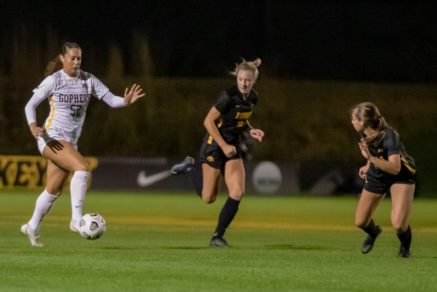 Minnesota forward Izzy Brown dribbles the ball down field during a soccer game between Iowa and Minnesota at the UI Soccer Complex in Iowa City on Thursday, Oct. 21, 2021.The Hawkeyes defeated the Gophers 1-0. (Larry Phan/The Daily Iowan)