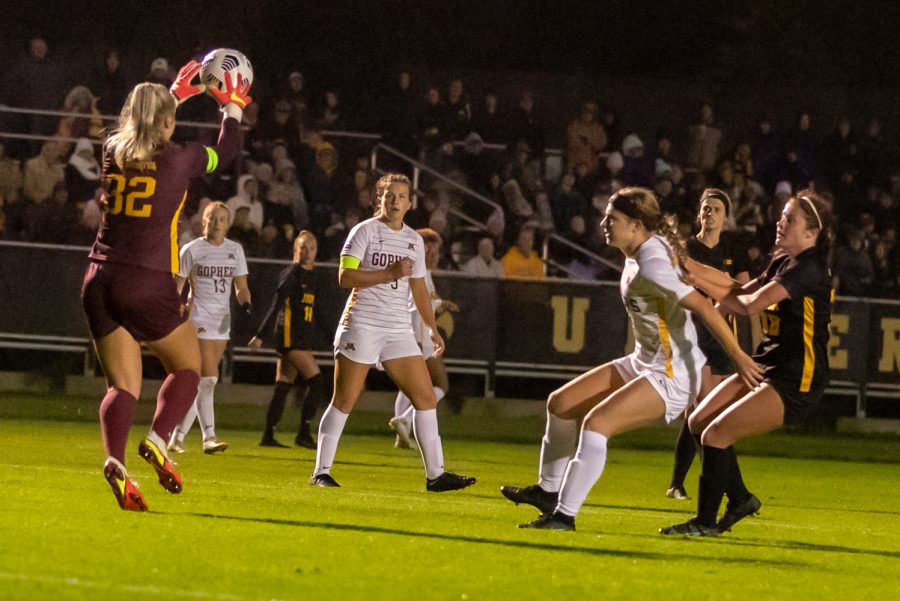 Minnesota goalie Megan Plaschko saves the ball during a soccer game between Iowa and Minnesota at the UI Soccer Complex in Iowa City on Thursday, Oct. 21, 2021.The Hawkeyes defeated the Gophers 1-0. 