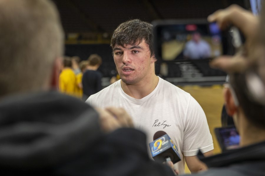 Iowa+heavyweight+Tony+Cassioppi+talks+to+reporters+during+Iowa+wrestling+media+day+in+Carver-Hawkeye+Arena+on+Wednesday%2C+Oct.+27%2C+2021.+Cassioppi+accredited+his+recent+change+in+body+structure+to+eating+300+grams+of+protein+everyday.+%E2%80%9CI+ate+a+lot%2C%E2%80%9D+Cassioppi+said.+