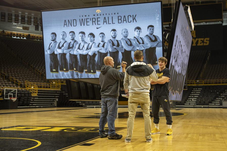 Iowa’s 184-pound Abe Assad speaks with reporters during Iowa wrestling media day in Carver-Hawkeye Arena on Wednesday, Oct. 27, 2021. Assad has wrestled 29 times for the Hawkeyes with a 22-7 career record.