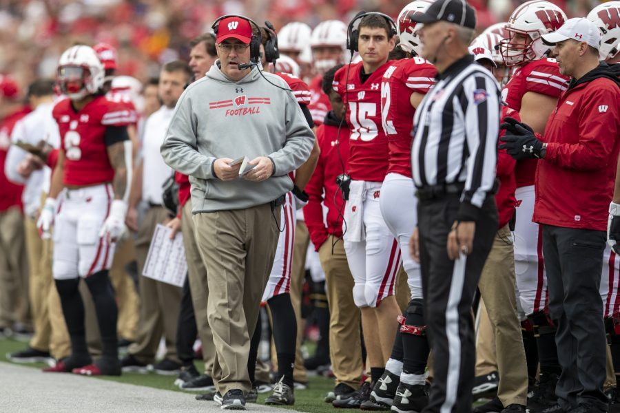 Wisconsin+head+coach+Paul+Chryst+talks+on+a+headset+during+a+football+game+between+No.+9+Iowa+and+Wisconsin+at+Camp+Randall+Stadium+on+Saturday%2C+Oct.+30%2C+2021.+The+Badgers+defeated+the+Hawkeyes+27-7.+%28Jerod+Ringwald%2FThe+Daily+Iowan%29