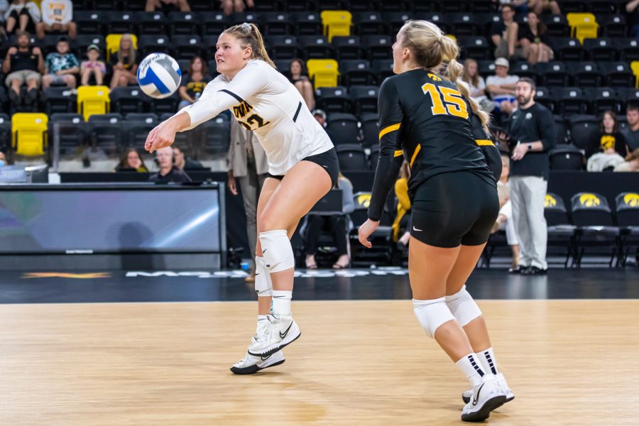 Iowa outside hitter Addie VanderWeide bumps the ball during the volleyball game between Iowa and Purdue at Xtream Arena on Saturday, Oct. 9, 2021. Purdue defeated Iowa 3-0. 