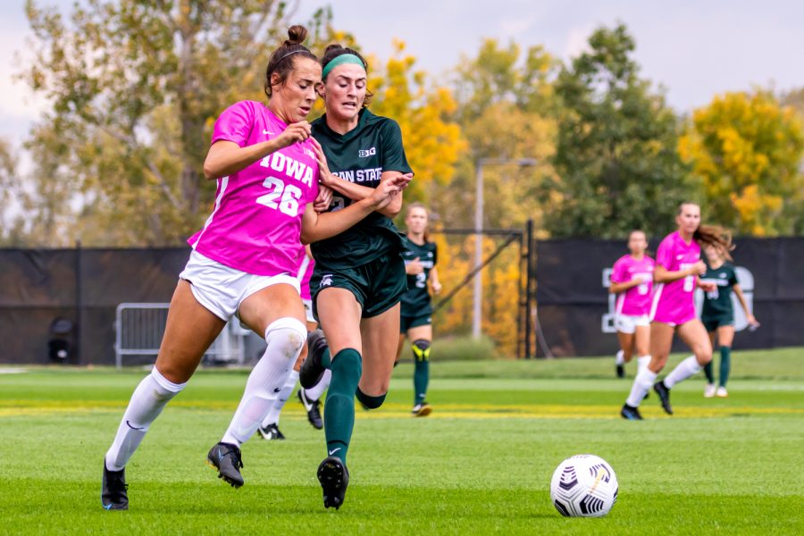 Iowa forward/midfielder Kenzie Roling runs to gain possession of the ball during a soccer game between Iowa and Michigan State at the Iowa Soccer Complex on Sunday, Oct. 3, 2021. Michigan State defeated Iowa 2-1. 