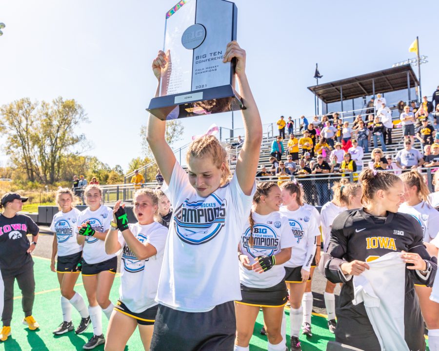 The Iowa Hawkeyes celebrate clinching a share of the Big Ten Conference regular season title during the field hockey game between Iowa and Ohio State at Grant Field on Sunday, Oct. 17, 2021. Iowa defeated Ohio State 3-0.